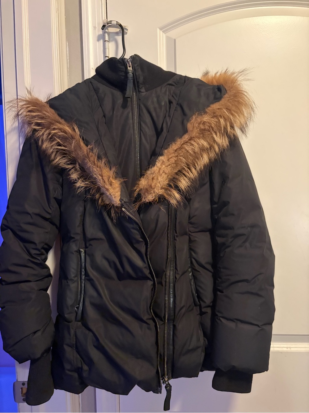 Moncler Black Puffer Jacket with Tan Faux-Fur Trim